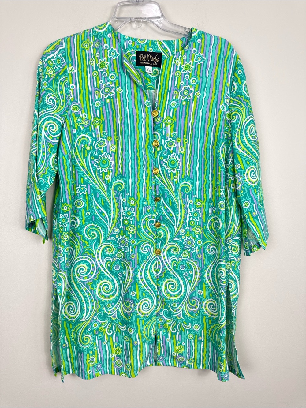 Bob Mackie Tunic Linen Top Women Small Blue Green Abstract Art Flowy Boho Hippie